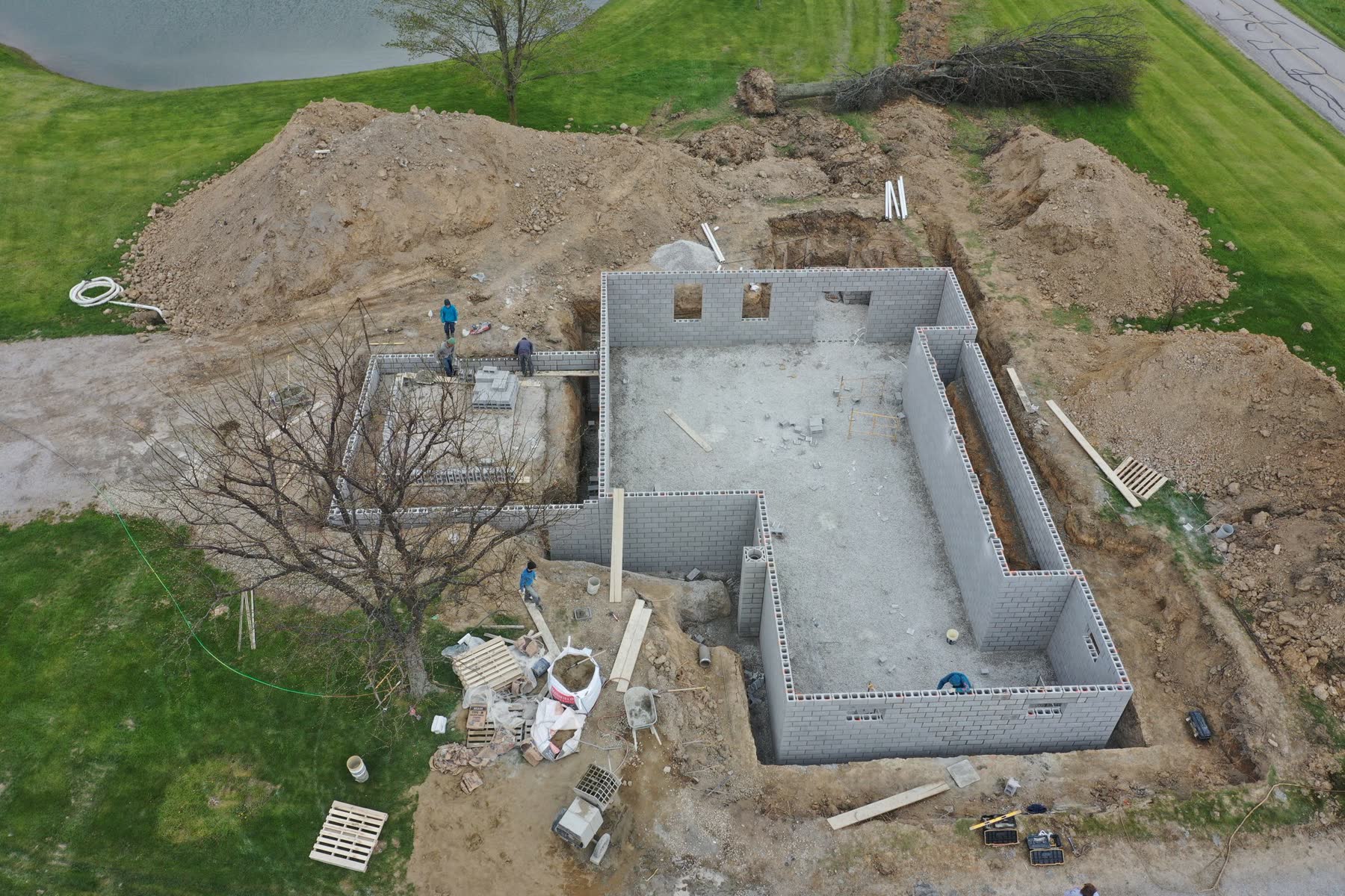 Aerial view of the Wayne County home's foundation walls under construction