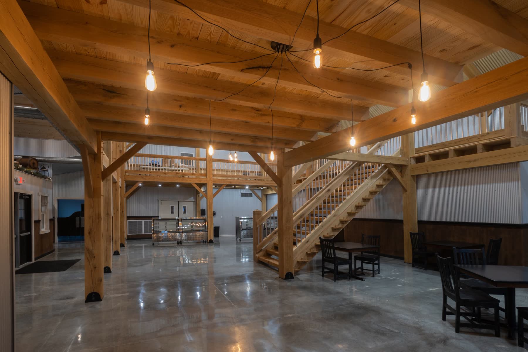 Event venue lower level with catering counter and mezzanine